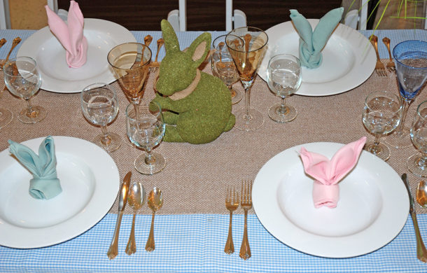 burlap and blue easter bunny table