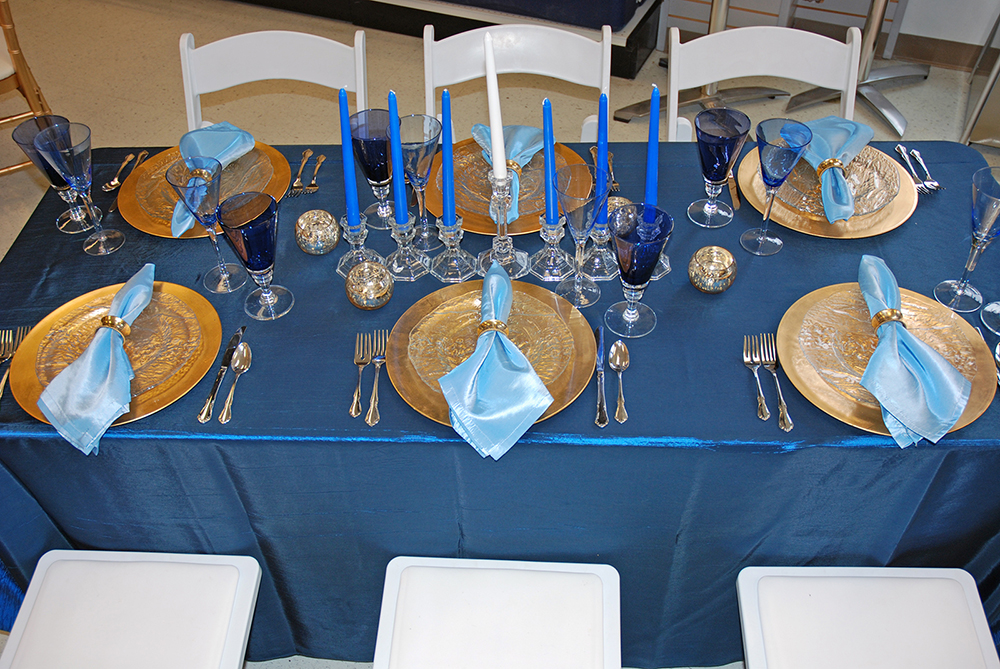 blue and gold hanukkah table