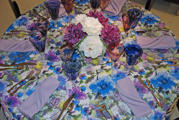 purple and blue floral table