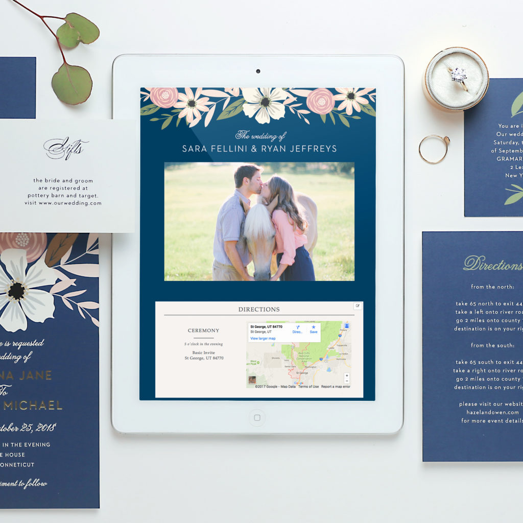 Basic invite wedding website with Maps rustic bloom